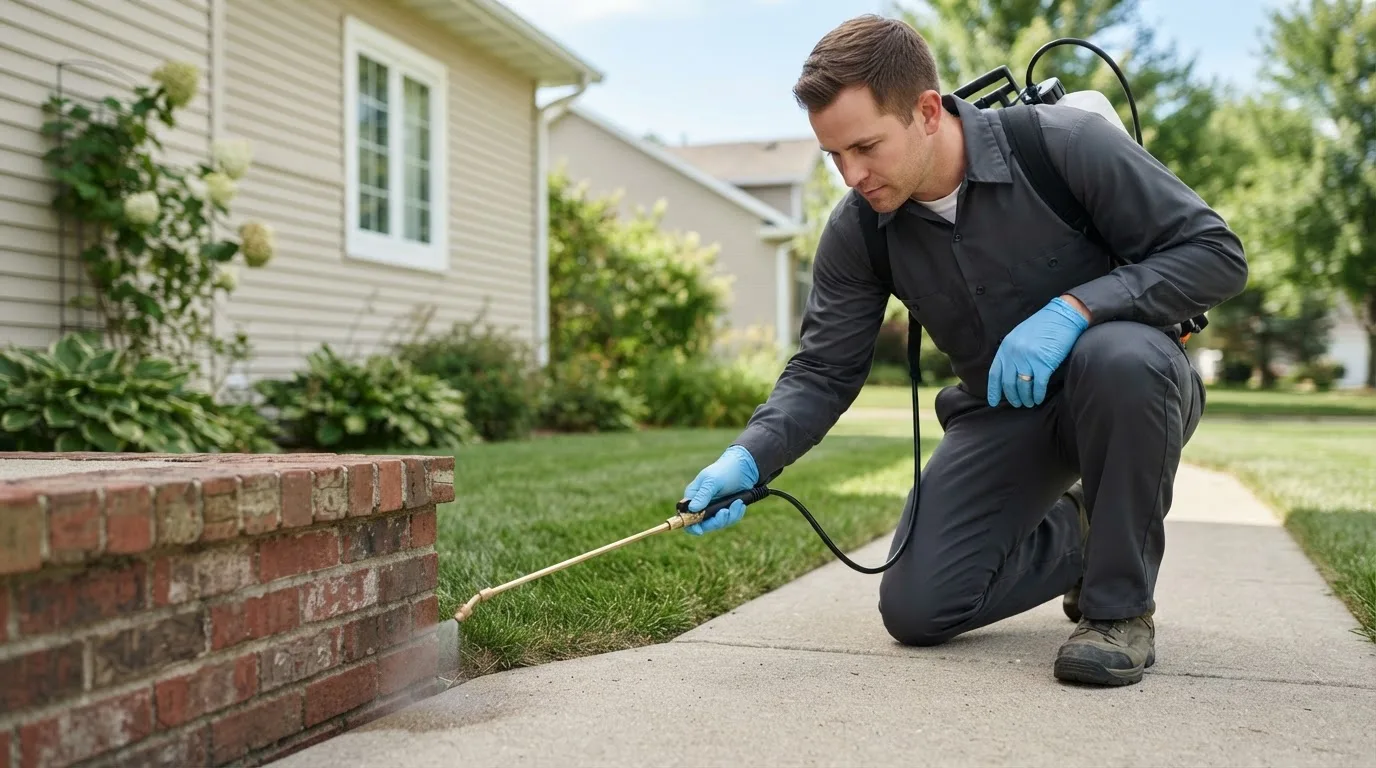 Pest control technician treating a home near Greenville, TX